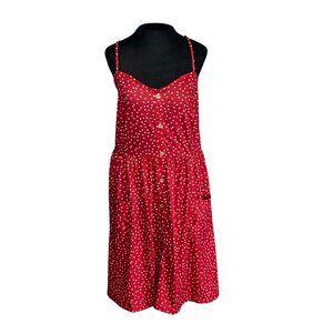 Womens Red Polka Dot Button-Front Sundress With Pockets & Adjustable Straps Size